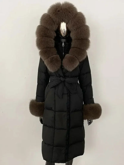 CXFS New Real Raccoon Fox Fur Collar Hooded Natural Long Winter Jacket Women 90 White Duck Down Coat Thick Warm Casual Outerwear