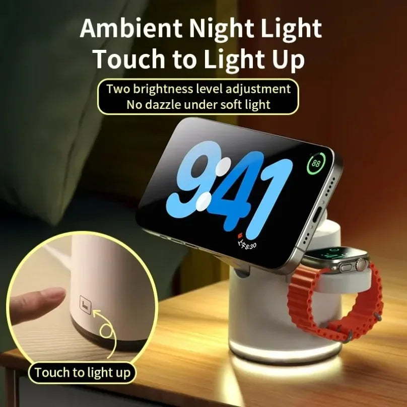 Fast Charging Dock Stand QI2 Wireless Charger Night Light 4 in 1 For Magsafe iPhone 16 15 14 Pro Max Airpods Pro 2-8 Apple Watch