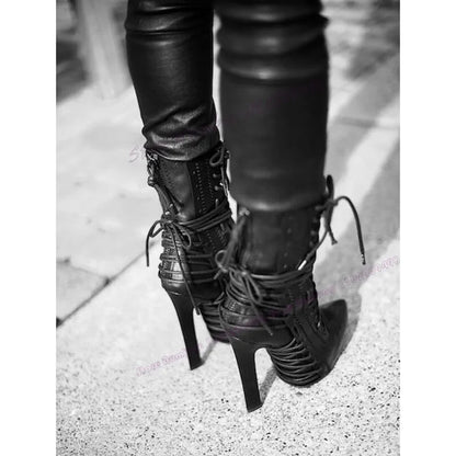 Black Matte Leather Cross Tied Ankle Boots Po inted Toe Shoes for Women Thin High Heels Sexy Lady Shoes 2025 Zapatos Para Mujere