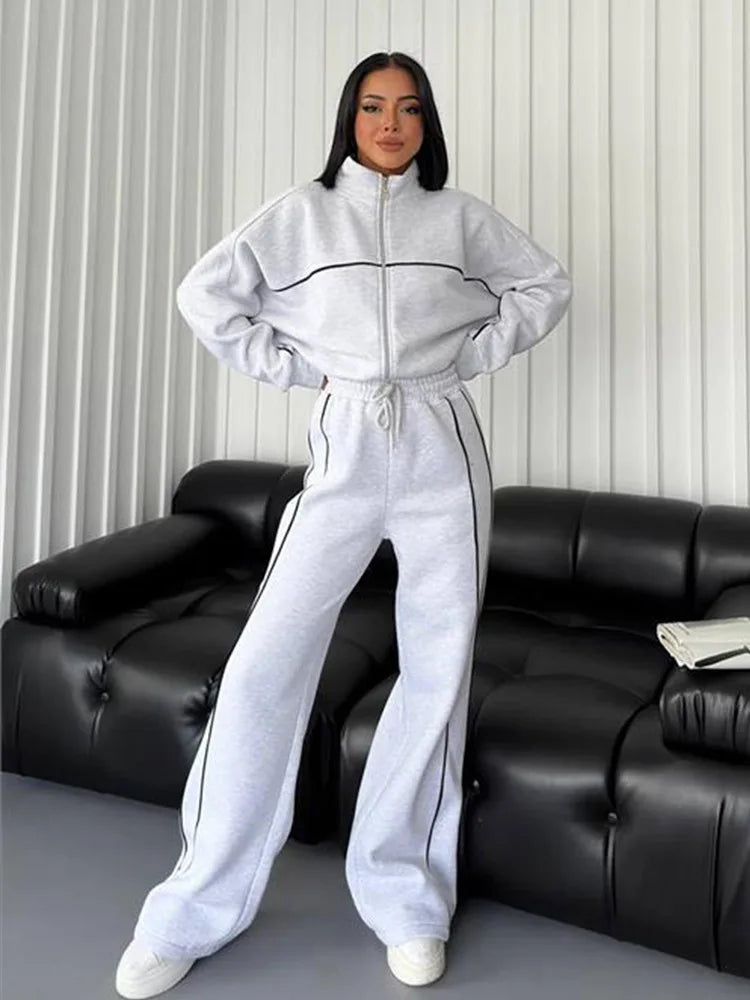 Zekye Women's Clothing Long-sleeved Semi-turtleneck Cardigan Sweater Strappy Striped Trousers Women's Suit Collection 2025 - Kimlud
