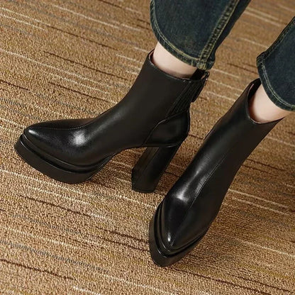 Soft Leather Chunky Heel Skinny Boots 2025 New Autumn Super High Heel Platform Women's Booties