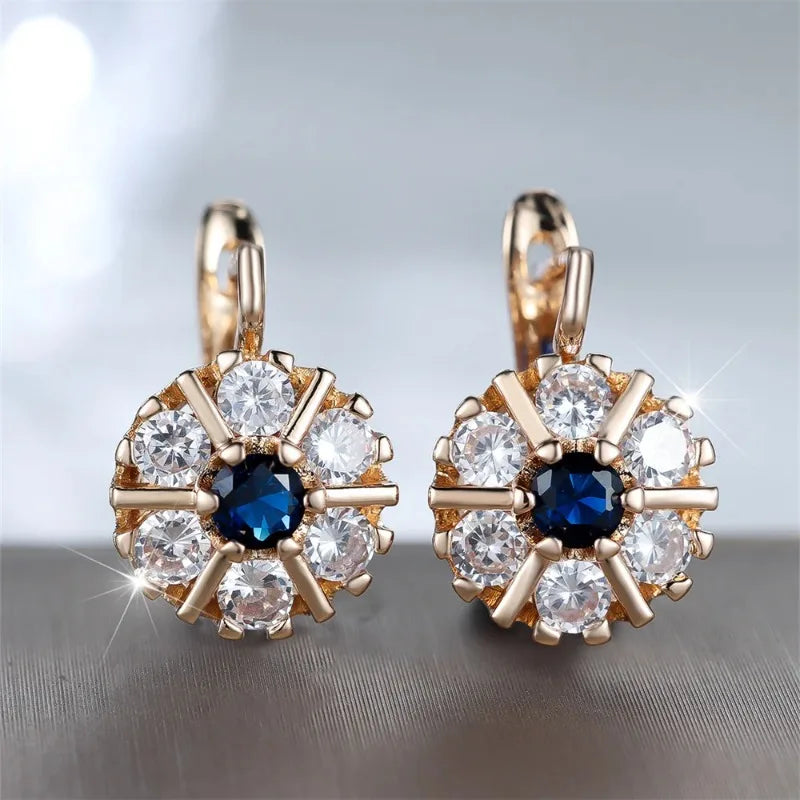 Fashion Blue Crystal White Zircon Flower Hoop Earrings for Women Vintage Gold Color Ear Buckle Wedding Jewelry...