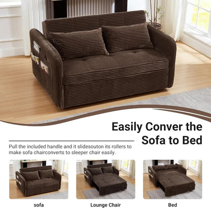 55.5" Corduroy Convertible Sofa Bed, Pull Out Sleeper with USB Ports, 3-in-1 Loveseat for Living Room, Apartment - Kimlud