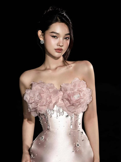 Ofherown 3D Flower Strapless Beaded Crystal Prom Gown New Blush Satin Evening Dress Elegant Formal Party Straight Maxi Dress