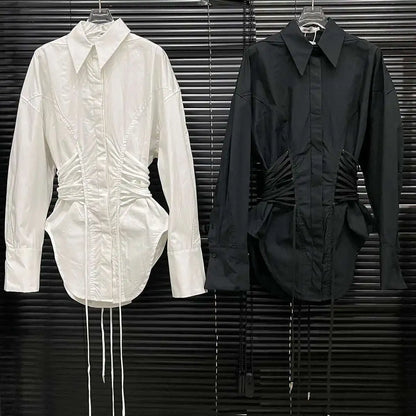 DEAT Fashion Women's Waist Strap Shirt For Women Niche Design Solid Color Long Sleeve Shirt Top Female 2024 Autumn New 11A01701