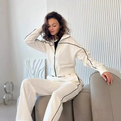 Women's Autumn Casual Long Sleeve Zipper Hoodie Jacket Striped Elastic Pants Set Fashionable Two-Piece Suit Comfortable Wear - Kimlud