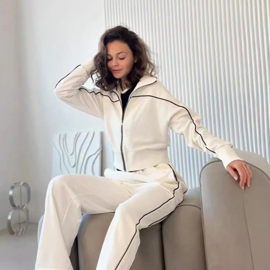 Women's Autumn Casual Long Sleeve Zipper Hoodie Jacket Striped Elastic Pants Set Fashionable Two-Piece Suit Comfortable Wear - Kimlud