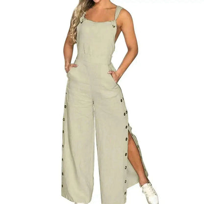 Women's Sleeveless Wide Leg Jumpsuit with Side Pockets And Button Closure Solid Color Loose Straight-Leg Romper for Women