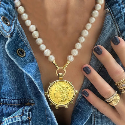 freshwater pearl chunky Stone Beads Turquoise queen Coin Pendant Choker Necklace For Women Girls Party Wedding Handmade Jewelry