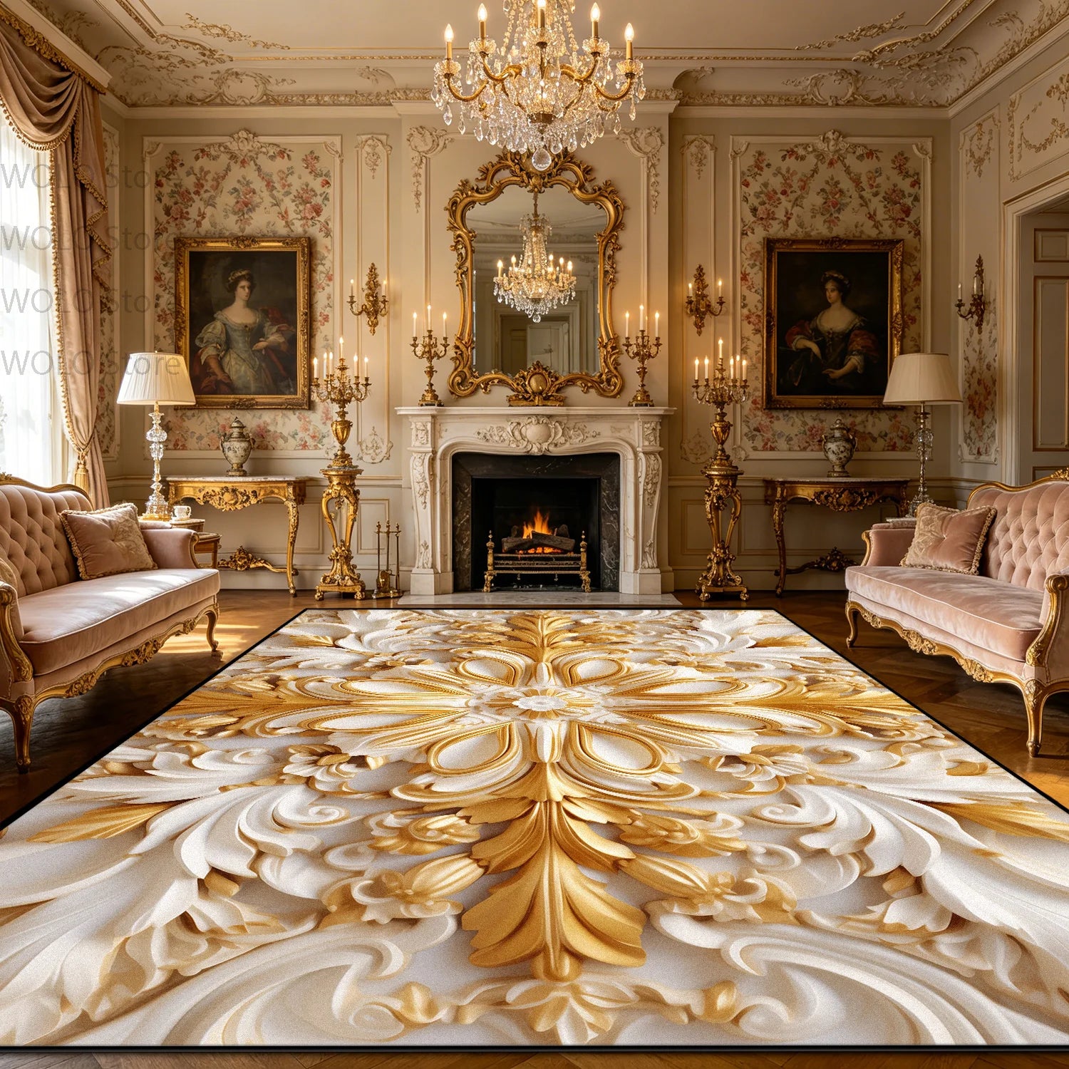 Luxury French Rococo Style Golden Carpet for Living Room Decoration Home Large Area Rugs Dining Room Bedroom Non-slip Floor Mat