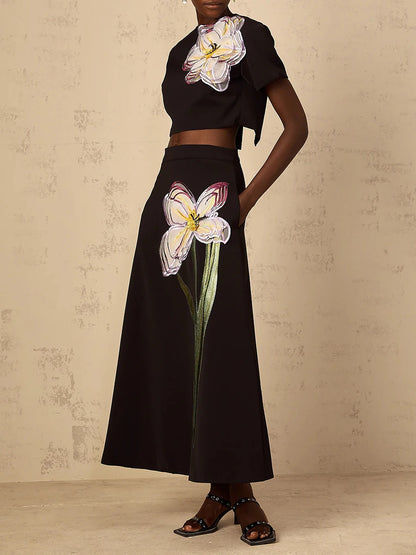 VGH Spliced Appliques Two Piece Set for Women O Neck Short Sleeve Top High Waist A Line Temperament Skirt Outfits Female Fashion