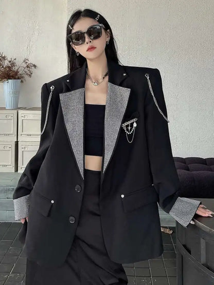 EAM Blazer rhinestone big size Metal Chain Women New Lapel Long Sleeve Loose Fit Jacket Fashion Tide Spring Autumn 2025 WQ20621