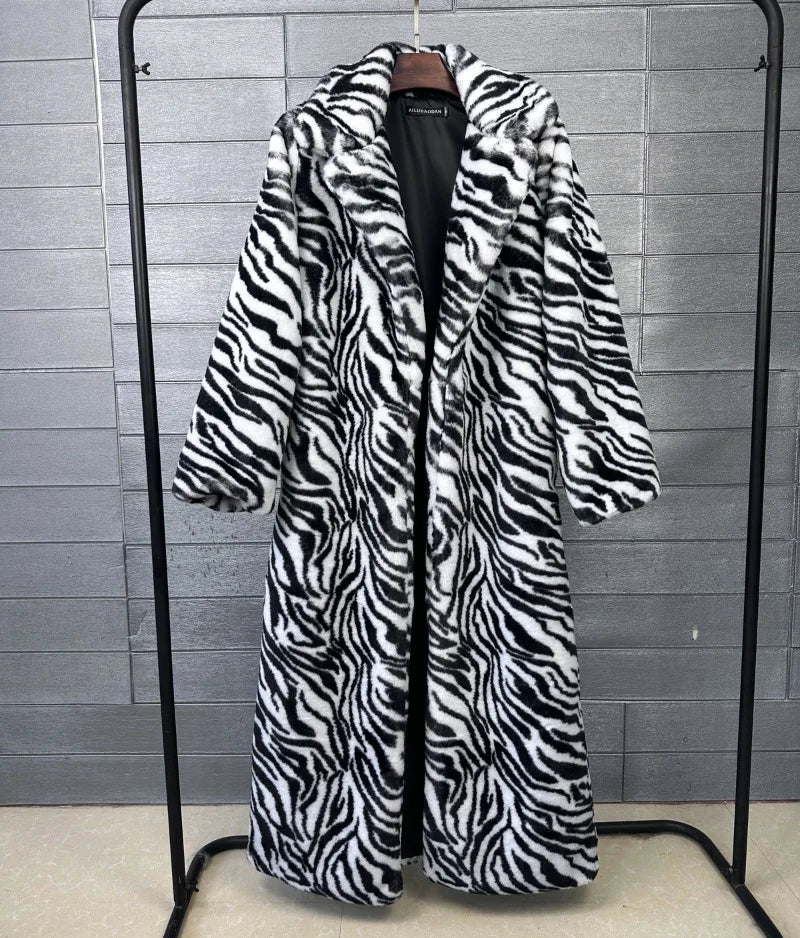 2026 Fashion Zebra Leopard Print Fur Coat Women's Winter Faux Rabbit Hair Fur X-long Overcoat Loose Jacket Streetwear...
