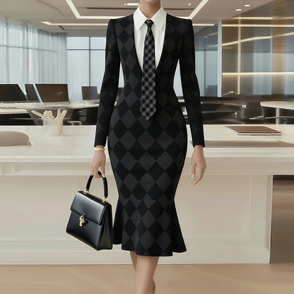 Turn-Down Collar Simple Mermaid Dress, Women Spring Autumn Long Sleeve Print Trumpet Dress, New Fashion Office Chic Ladies Dress