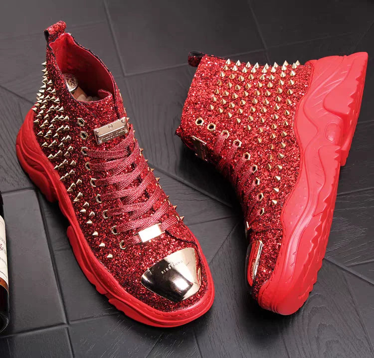 Luxury rivet Boots Men's shoes designer sneakers me n punk high tops gold red light bottom Casual Platfo