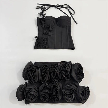 2025 New Arrival Fashion Flowers Women Sexy Halter Tops Mini Skirt Bandage Sets Bodycon Two Pieces Sets | Kimlud Premium...