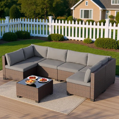 7 Pieces Outdoor Patio Furniture Set, PE Rattan Outdoor Wicker Sectional Furniture Sofa Set, with Cushions | Kimlud...