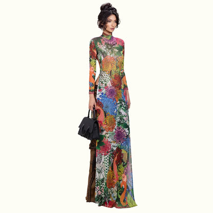 Spring New Women's Long Sve High Collar Plant Print Maxi Top Faionable Individuatic f High Ne Long Open Split Top