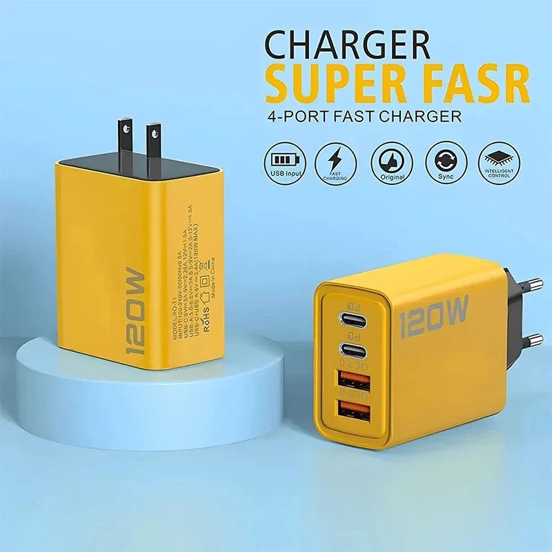 120W 4 Port Type C Fast Charging USB Phone Charger Adapter US EU Plug Charger For iPhone Xiaomi Huawei Quick Charge Wall Charger