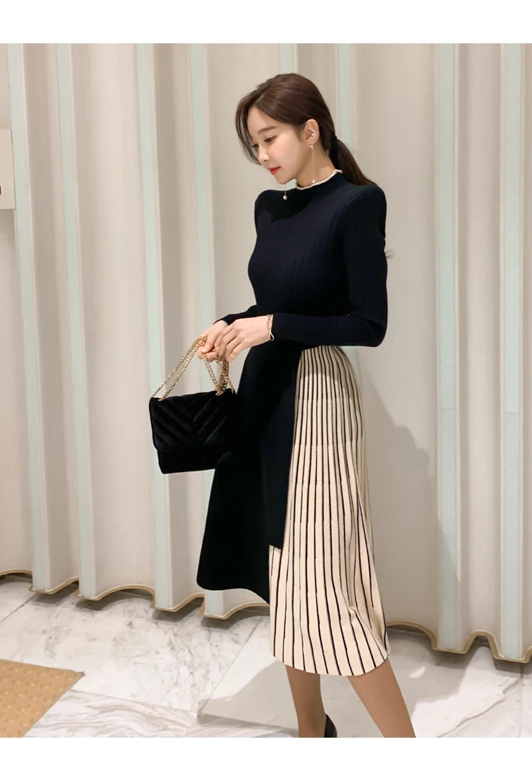H Han Queen New Winter Elastic Knitted Dresses Women Color matching Lace-up Sweater Dress Fashion Slim Work Office Vestidos - Kimlud