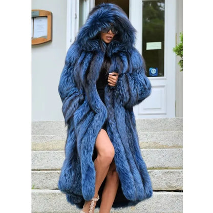 BFFUR Luxury Real Fox Fur Coat With Hood Winter Women'S Genuine Full Pelt Natural Fox X-Long Outdoor Jacket Thick Warm Coat