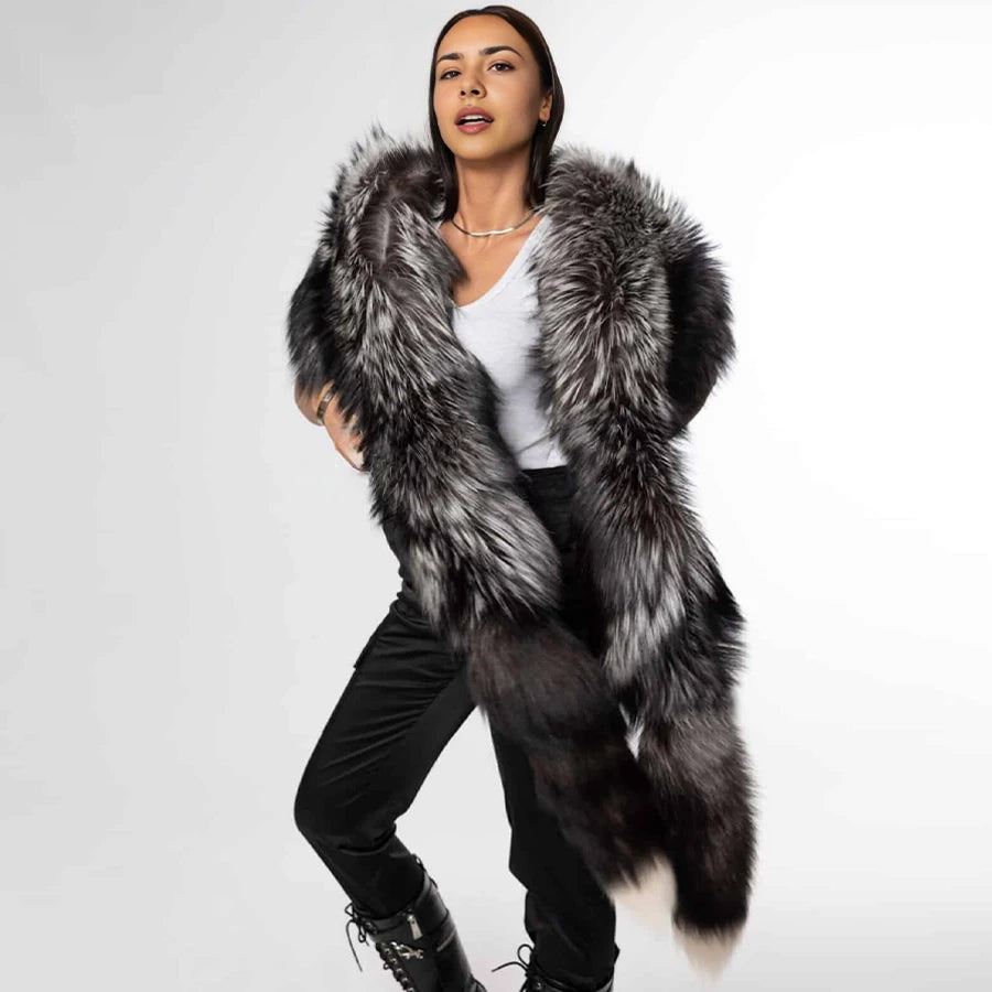 Real Silver Fox Fur Coat For Women Real Long Fox Fur Cape With Tails Real Fox Fur Shawl Best Selling Natural Fur Jacket