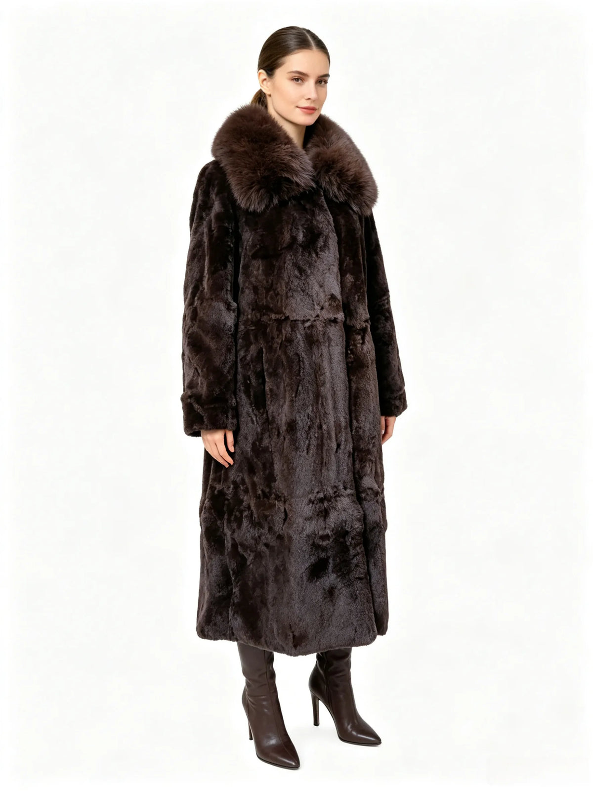 Women X-long Whole Skin Rex Rabbit Fur Coat Luxury High-end Natural Fur Jacket Oversized Genuine Fox Fur Collar