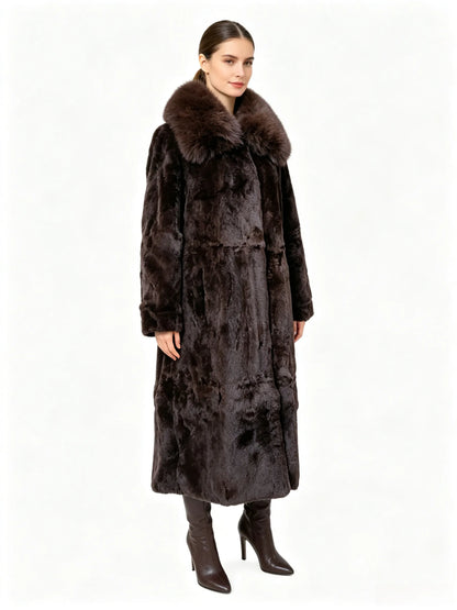 Women X-long Whole Skin Rex Rabbit Fur Coat Luxury High-end Natural Fur Jacket Oversized Genuine Fox Fur Collar