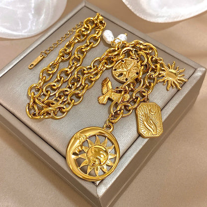 Greatera Stainless Steel Sun Moon Multi Accessory Necklace Gold Color Pearl Pendant Waterproof Light Luxury Jewelry For...