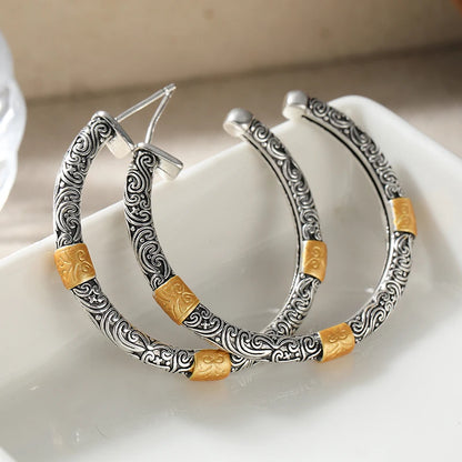 Vintage Exquisite Two-tone Textured Designed Hoop Earrings for Women Bohemian Style Fashion Vacation Banquet Jewelry Accessories