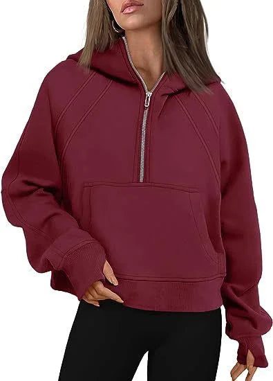 Half Zipper Hooded Short Plush Sweater, Casual Sports Sweater, New Fashion, Autumn, Winter, 2024 - Kimlud