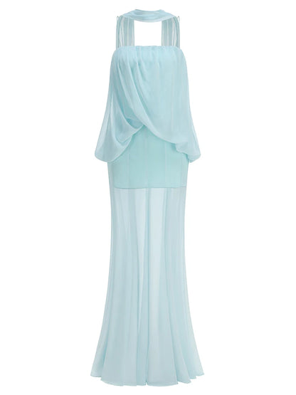 Sexy Spaghetti Strap Folds Patchwork Mesh Long Dress with Ribbon Women Sleeveless Slim Celebrity Evening Club Party Maxi...
