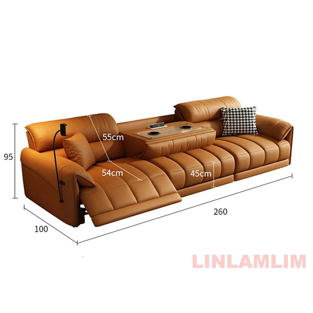 Modern Electric Reclining Sofa with Adjustable Footrest, USB, and Foldable Center Console – Italian Genuine Leather Power Sofa