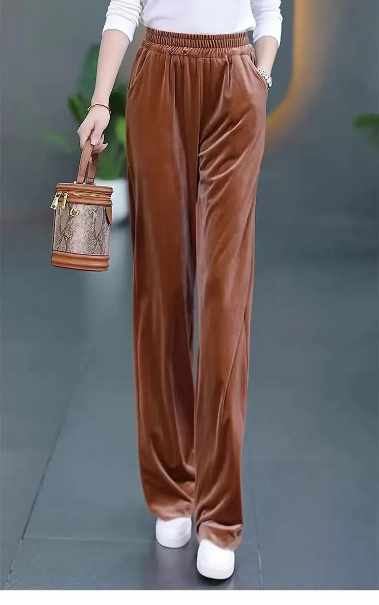 Korean Fashion Women Pleuche Pants Autumn Winter Elastic High Waist Solid Pockets Loose Office Lady Straight Wide Leg Trousers