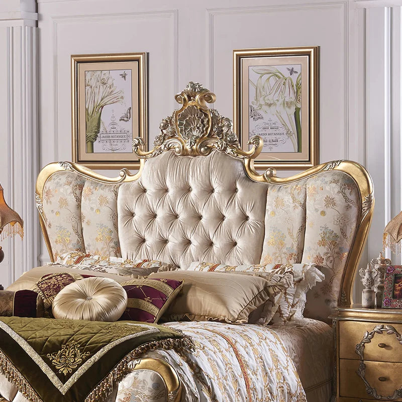 French Rococo Design Home Bedroom Gold Leaf Carving King Size Bed European Classic Luxury Golden Wooden Bedroom Furniture - Kimlud