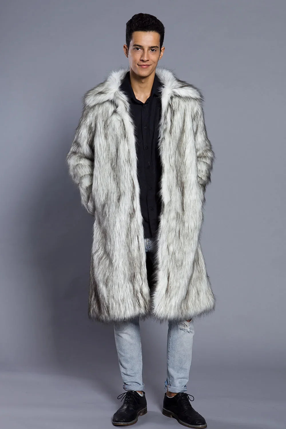 Men Faux Fox Fur Long Jacket Coat Winter Thick Fluffy Long Sleeve Warm Shaggy Luxury Faux Fur Long Jacket Bontjas Jackets Mens