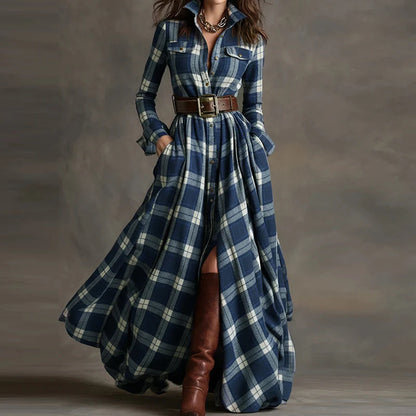 2025 Turn-Down Collar Patchwork Party Dress, Women Spring Autumn Long Sleeve Chic Maxi Dress, Plaid Printed Loose Cardigan Dress
