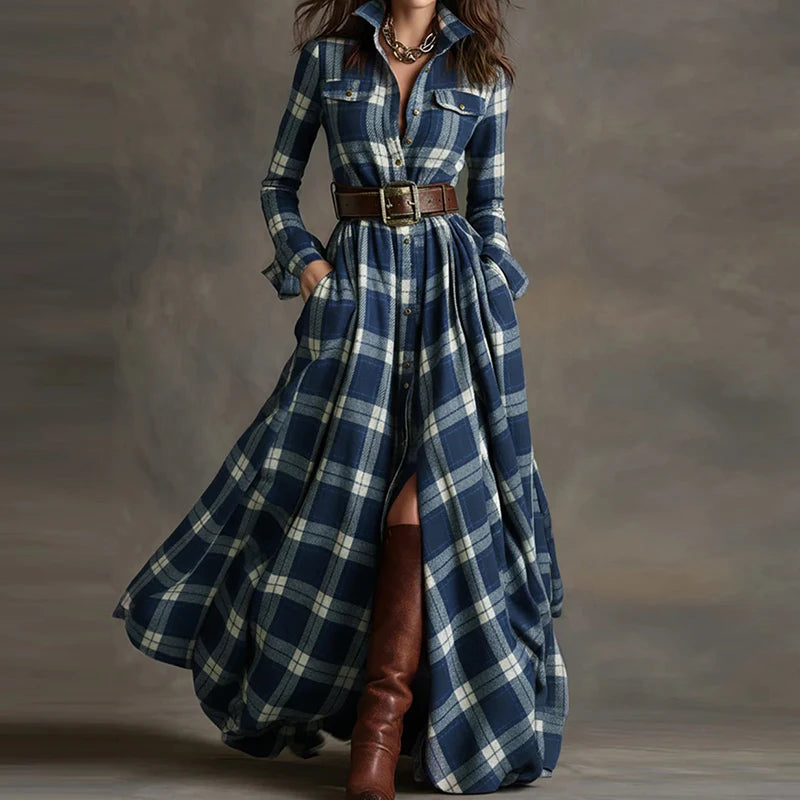 2025 Turn-Down Collar Patchwork Party Dress, Women Spring Autumn Long Sleeve Chic Maxi Dress, Plaid Printed Loose Cardigan Dress