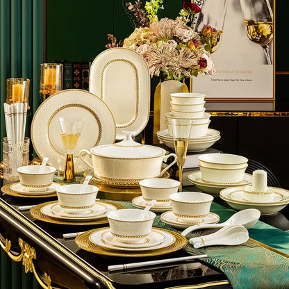2025 New Jingdezhen Dishes Tableware Free Combination Household High-grade Bone China Tableware Housewarming Relief Rose