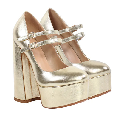Onlymaker Women Mary-Jane Platform Pumps Gold Chunky 16CM High Heels Ankle Strap Dress Party Plus Size Hoof Heel Shoes