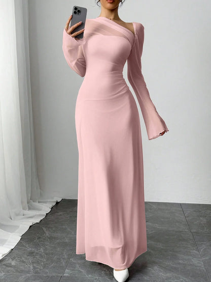 New spring/summer women's pink tulle explosion slim irregular diagonal shoulder ultra long dress