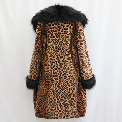 Women's leopard-print fur coat Long mink coat fox fur large fur collar winter trench coat loose and large size