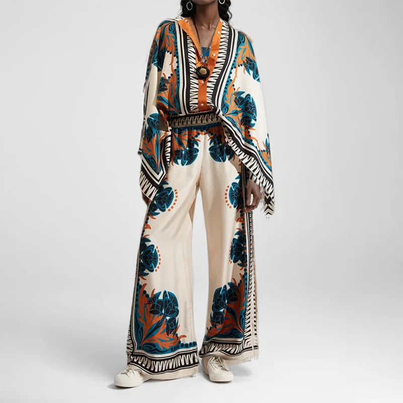 2 Piece Sets Fashion Women's Irregular Geometric Print Pants Sets Long Sleeve Shirts And Wide Leg Pants Stylish Streetwear Suit