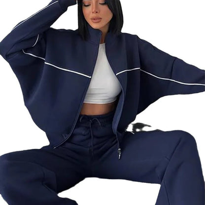 Zekye Women's Clothing Long-sleeved Semi-turtleneck Cardigan Sweater Strappy Striped Trousers Women's Suit Collection 2025 - Kimlud