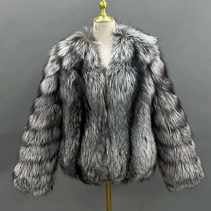 JANEFUR 2024 Thick Warm Real Fox Fur Coat Fashion Female V-neck Fox Fur Collar Coats Elegant luxury Lady Fur Outwear