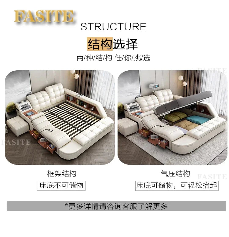 Genuine Leather Tech Smart  Multifunctional Beds Massage Modern Luxury Camas Upholstered With Bluetooth Speaker,Air Cleaner