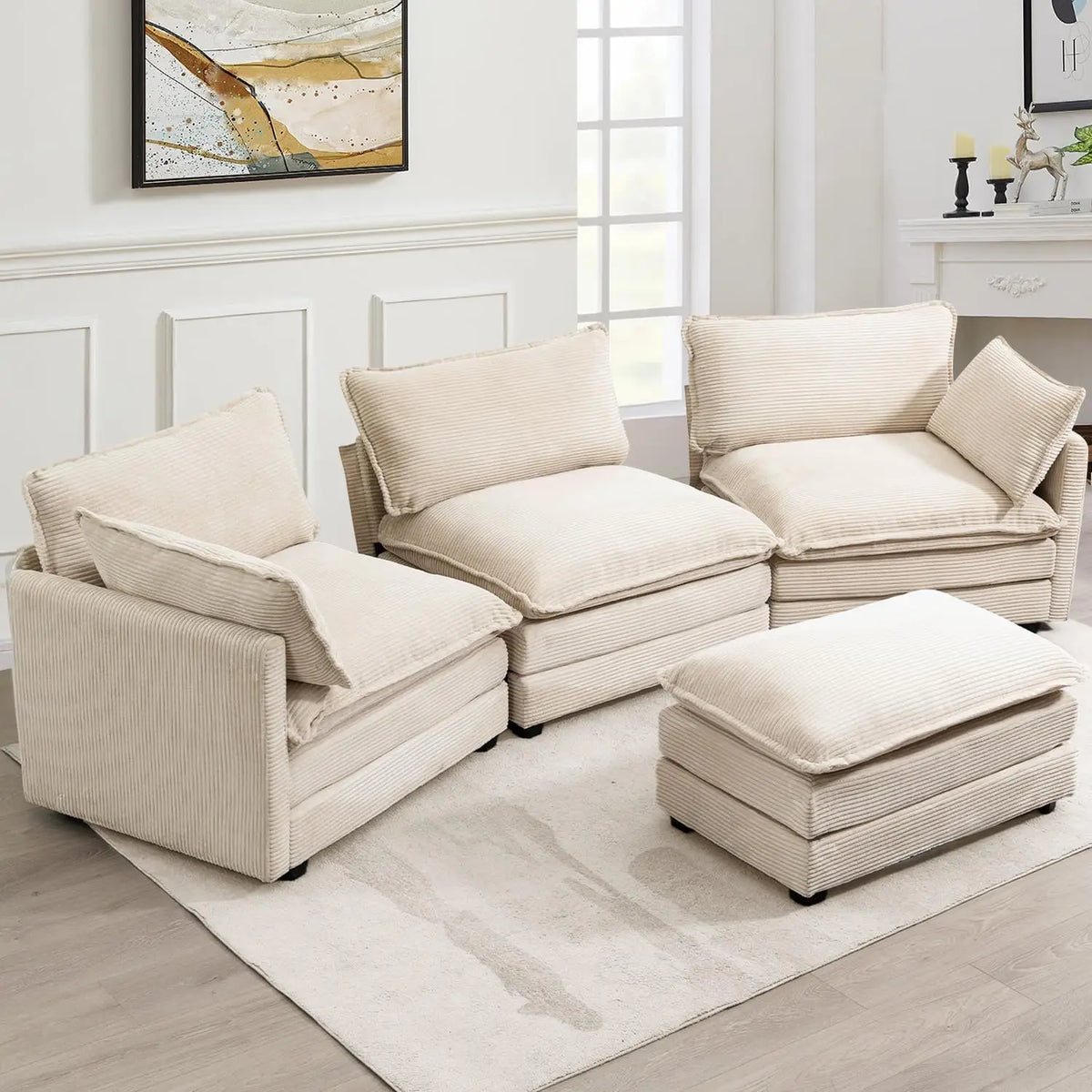 Sectional Sofa with MovableOttoman, 112 Inch 4 Seat Modern Corduroy Sofa Set, ConvertibleL | Kimlud Luxury Chair