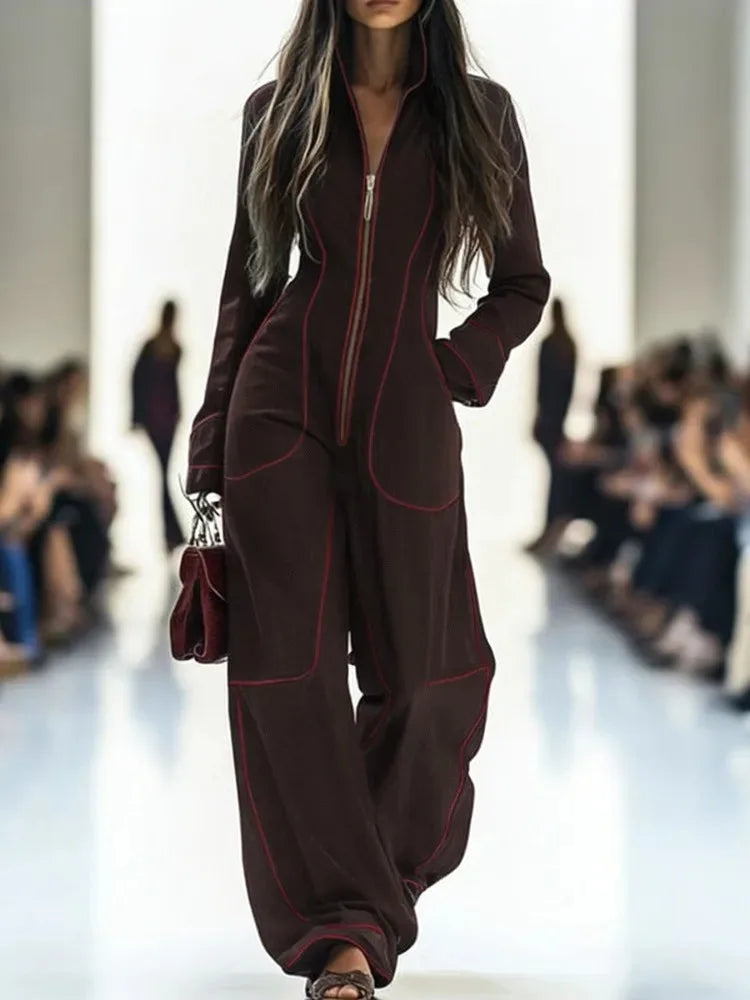 Women Stand Collar Zip Up Jumpsuit Long Sleeve Contrast Stitching Wide Leg With Pockets Casual Streetwear Party Holiday Outfits