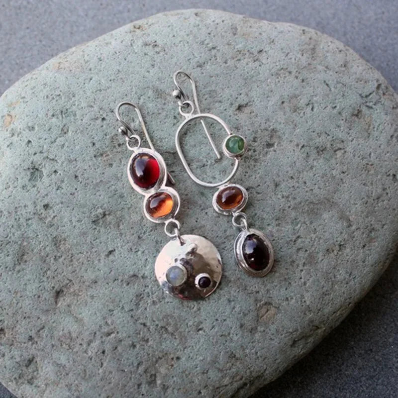 Vintage Silver Color Geometry Round Hollow Red Stone Carving Dangle Earrings for Women Jewelry