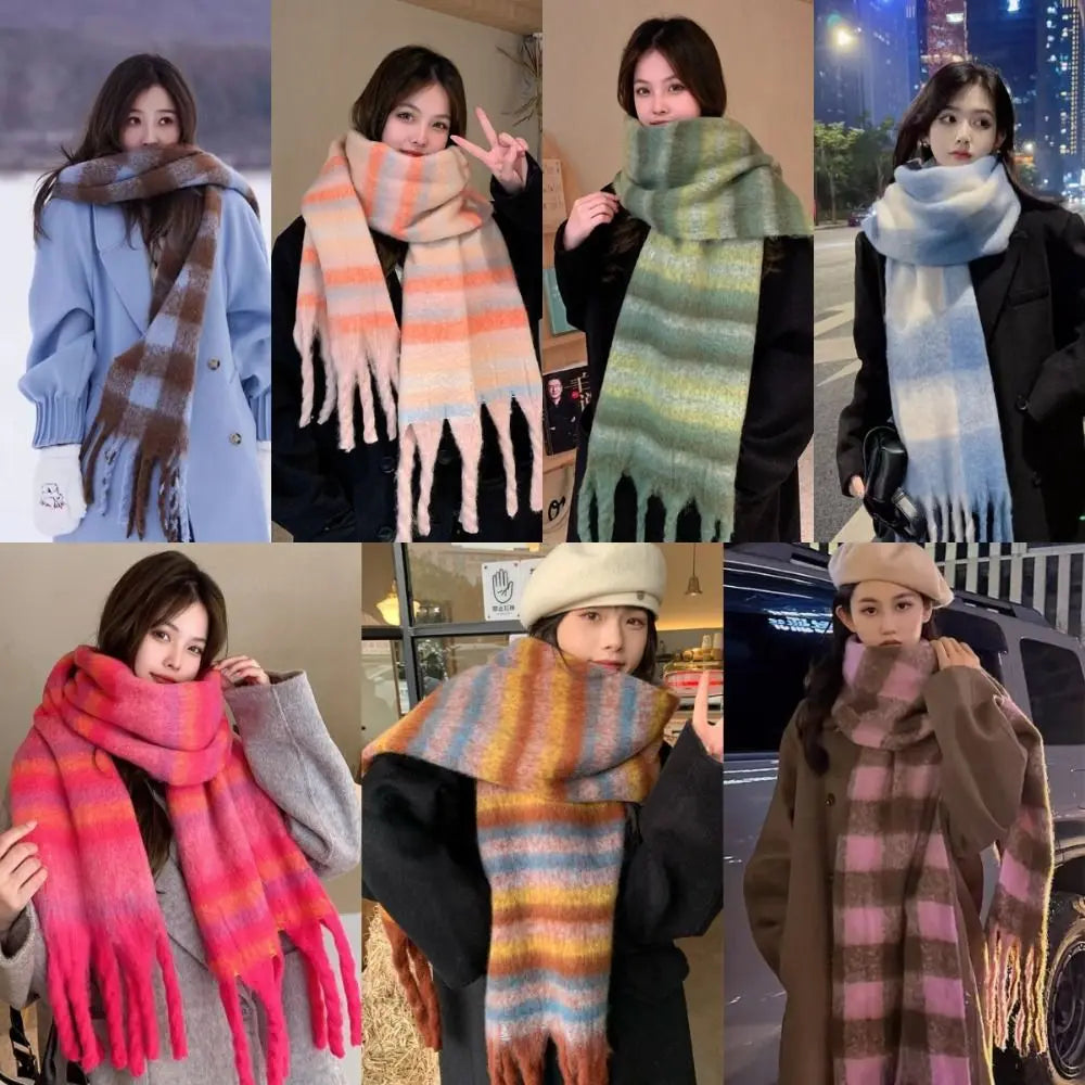 New Warm Winter Cashmere Scarf Stripe Pattern Mohair Long Tassel Scarves Plaid Soft Thickened Shawl Wrap Women | Kimlud...